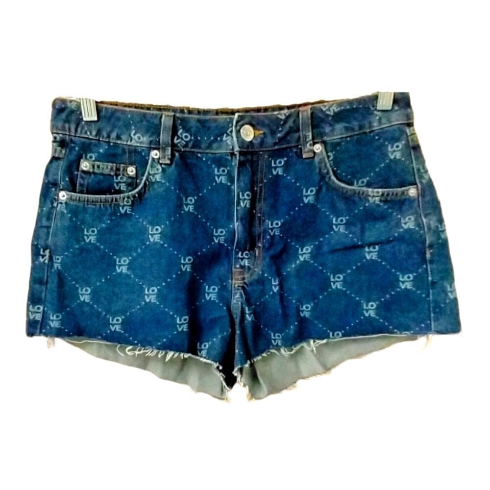 H&M DIVIDED Women's Dark Blue Denim" LOVE"βJean Shorts Sizeβ12 - Picture 2 of 13